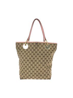 Gucci Brown Beige Pink GG Canvas Leather Tote Shoulder Bag